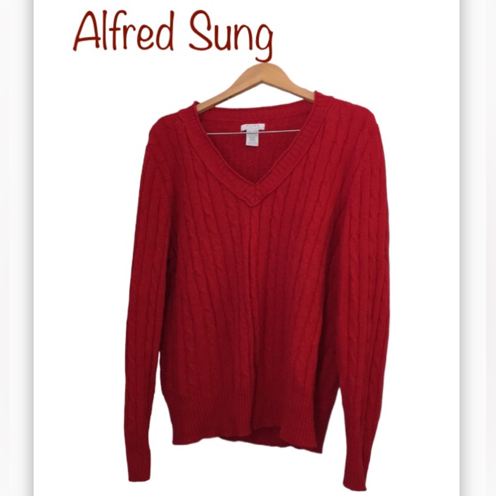 XXL Alfred Sung Cable Knit V-neck Sweater